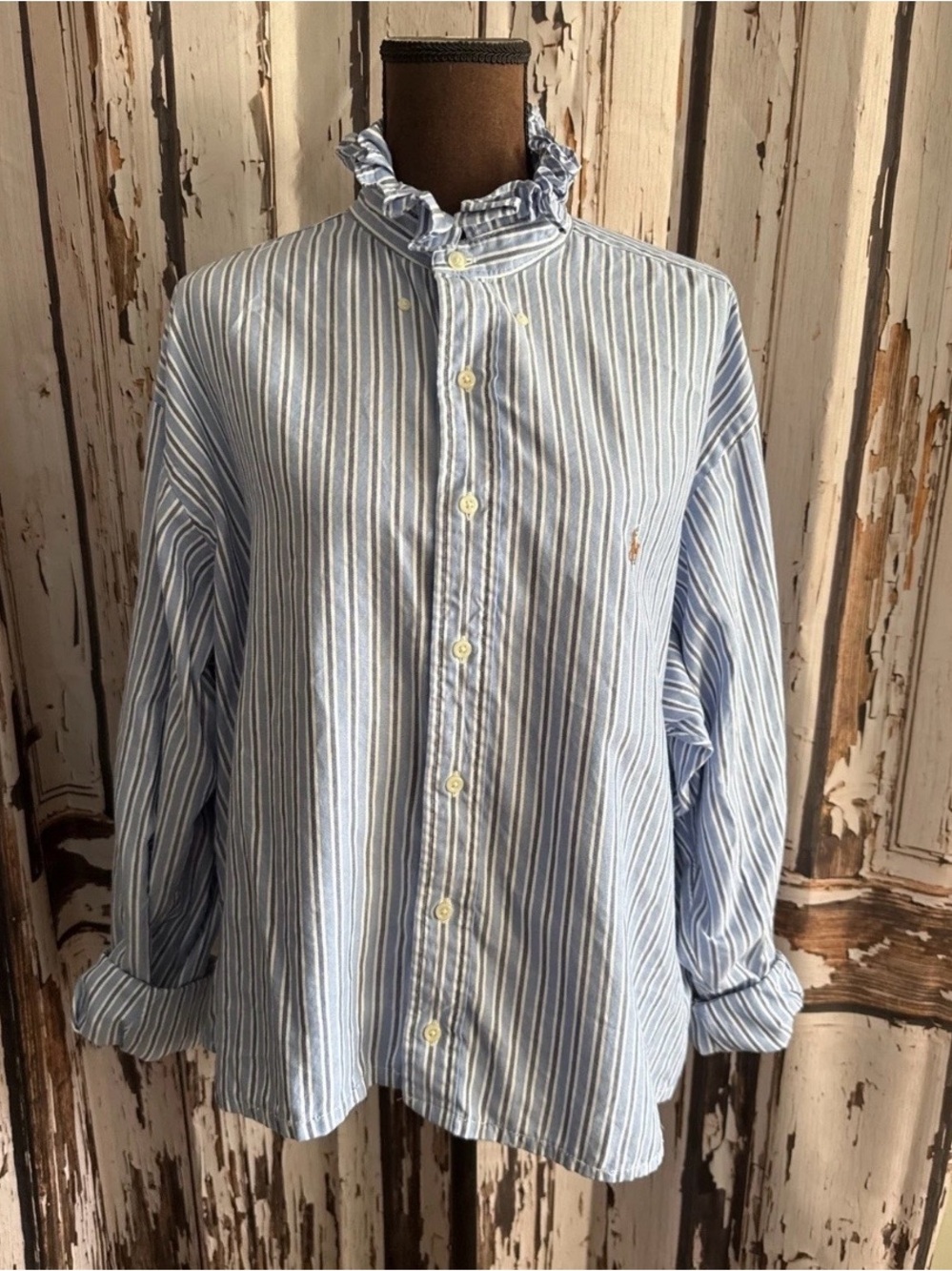 Reworked upcycled ruffle Ralph Lauren xl striped button down shirt
